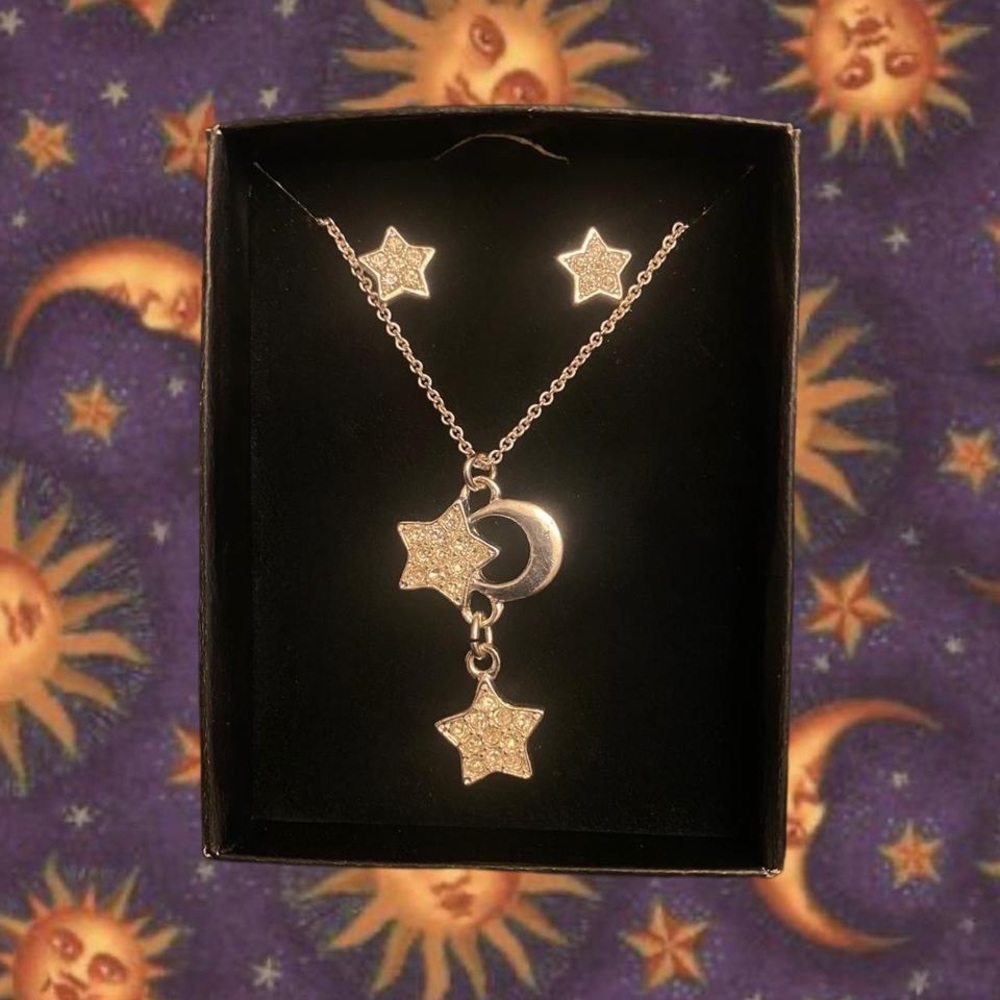 embellished star and moon necklace and earrings set